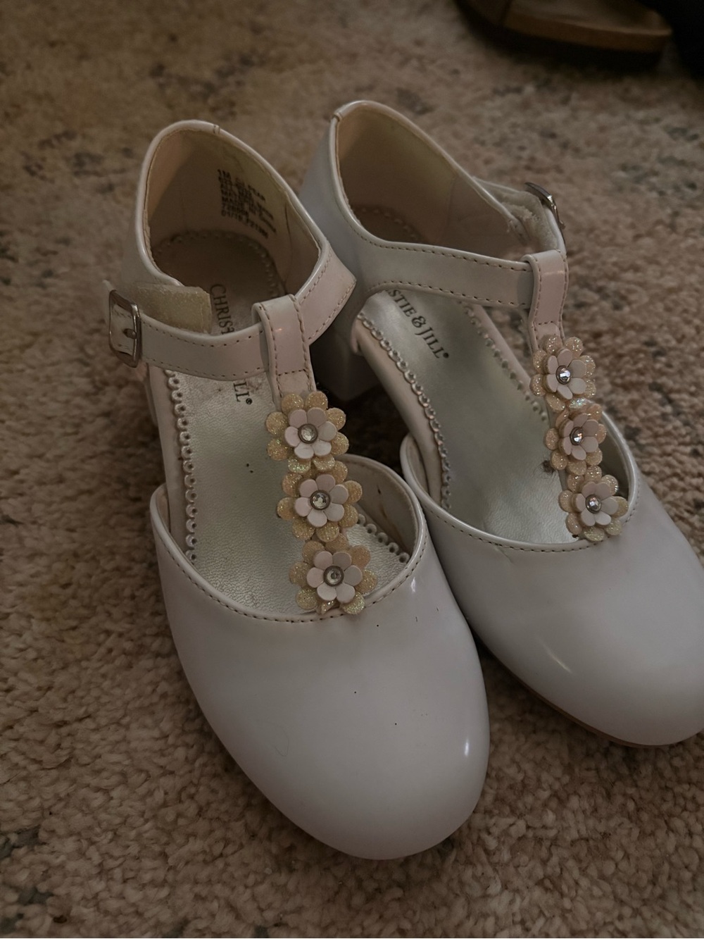 Kids White Dress Shoes with Flower T-Strap